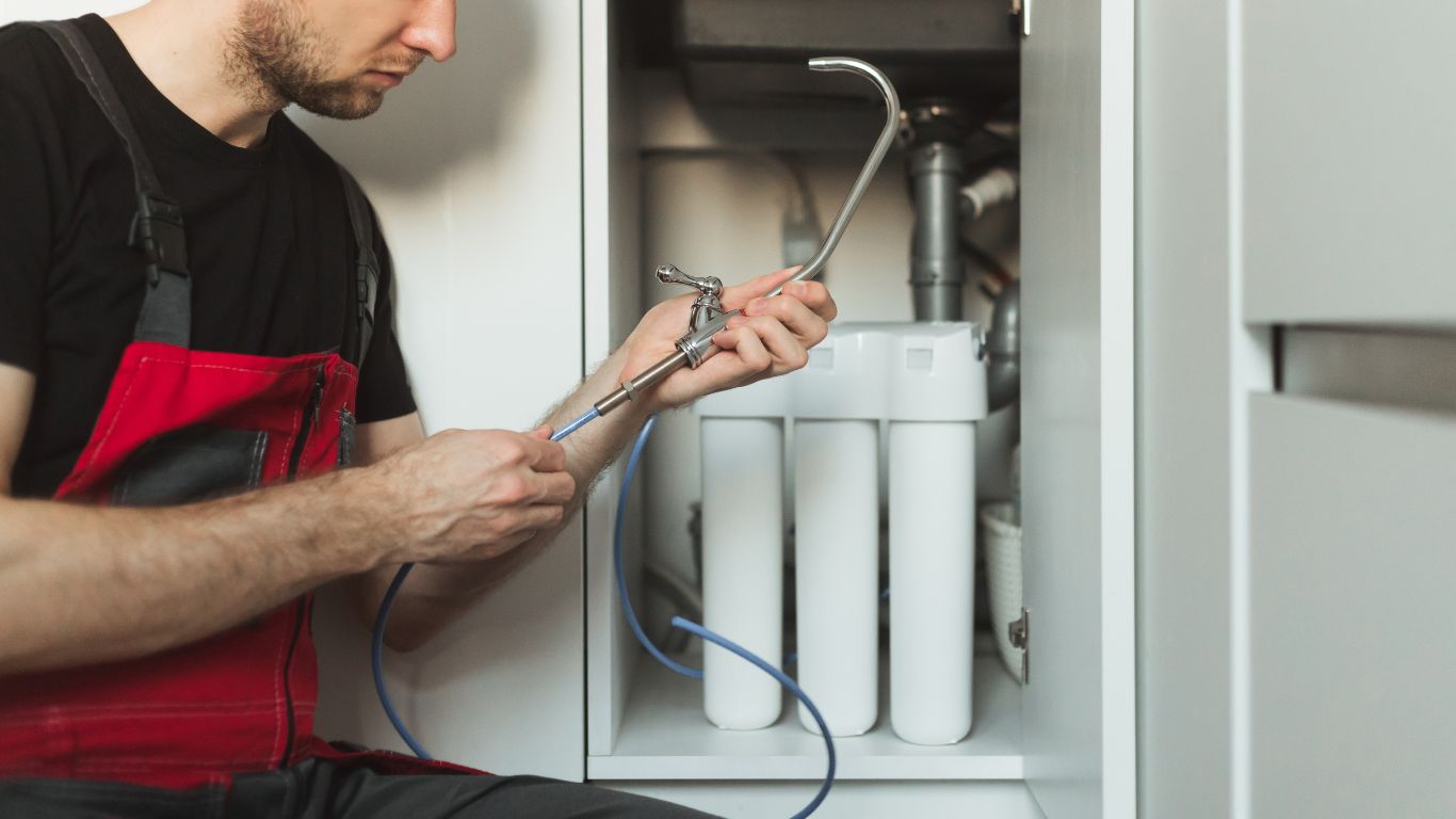 Technician installing water softener systems in a kitchen cabinet.